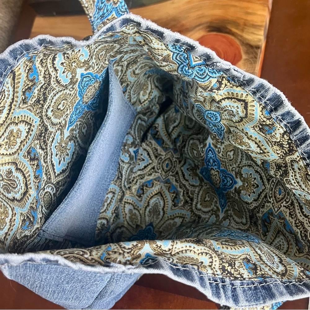 Upcycled Denim & fabric tote bag handmade Blue Metallic Symphony Medallion print - Picture 4 of 7